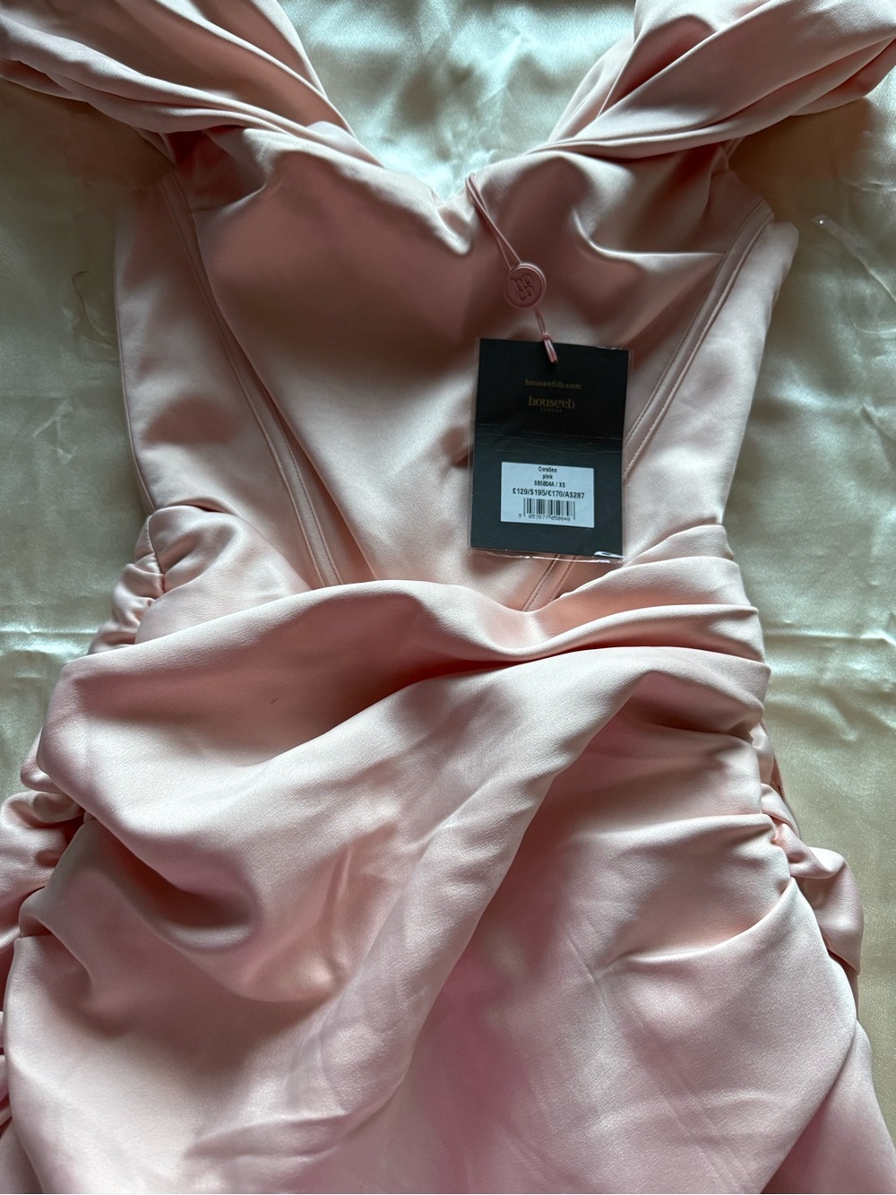 House of CB Pale Blush Strapless Satin Ruched Cocktail Dress - Picture 2 of 4